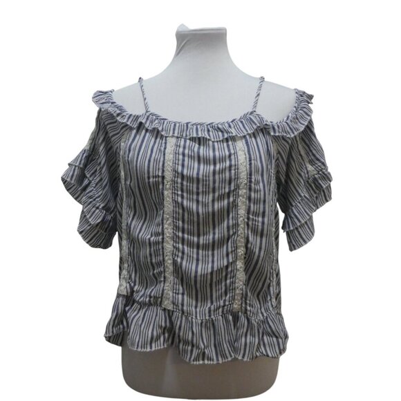 American Eagle Blue White Striped Lace Ruffled Cold Shoulder Boho Top Womens Med - Picture 1 of 8